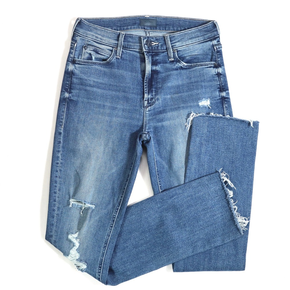 MOTHER The Dazzler Ankle Fray Jeans Women 25 Weekend Warrior Blue Distressed Mid